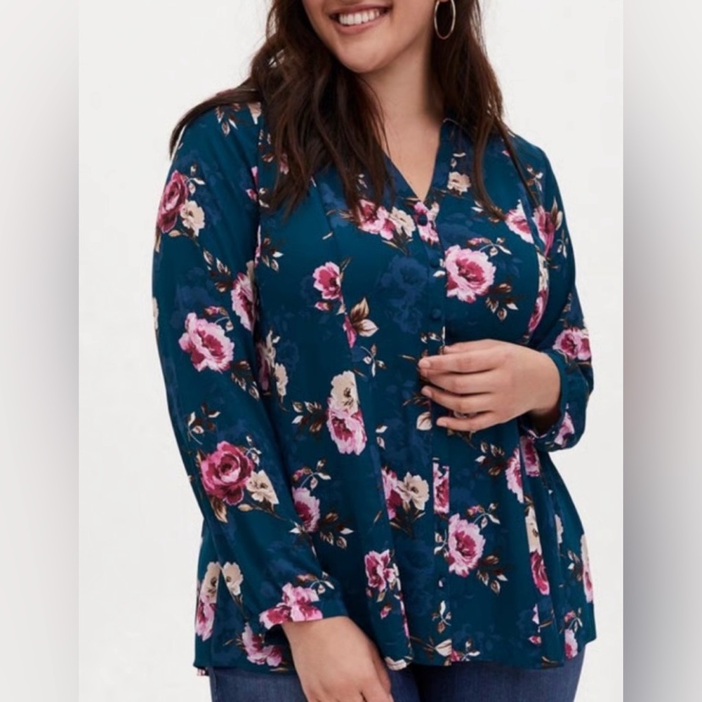 Torrid Harper Flowy Deep Teal and Pink Floral Flowy Spring Button Down Blouse
